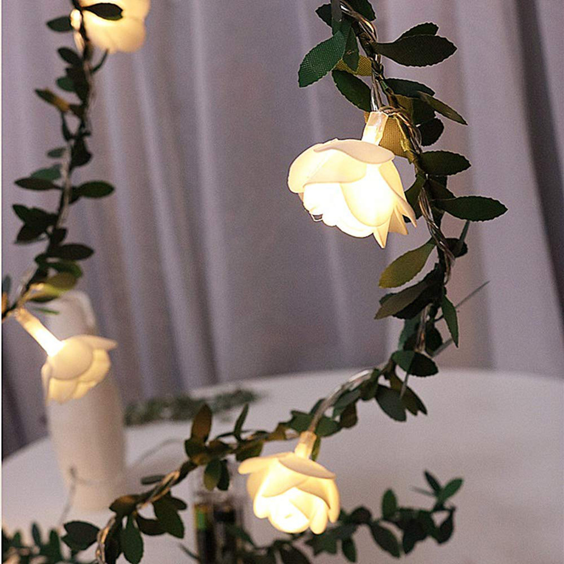 Rose Flower Vine String LED Lights Decoration Green Leaf Garland Battery USB Solar Powered Warm White Fairy Lights - Image 2